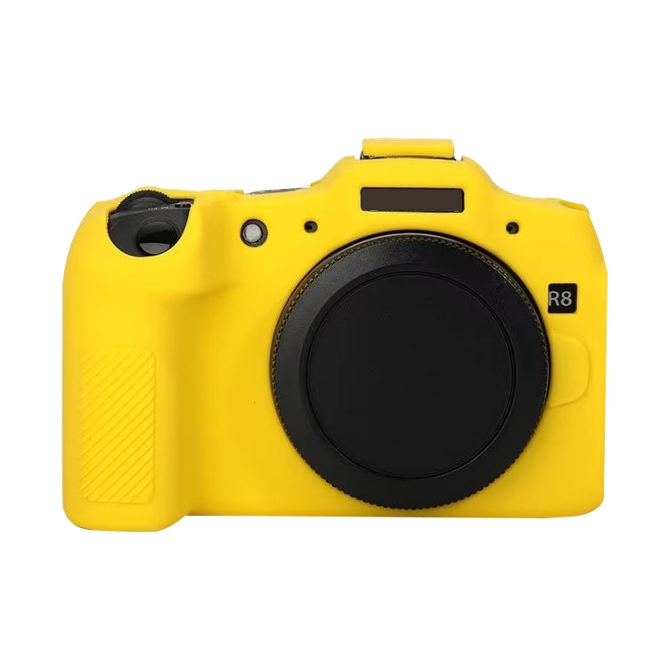 Yellow soft silicone protective case for Canon EOS R8 camera, showcasing its snug fit and durable design.